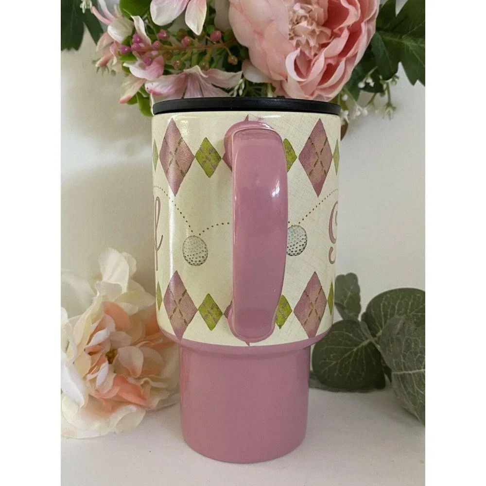 Lang Golf Travel Mug Pink‎ Argyle Ceramic Lid Golf